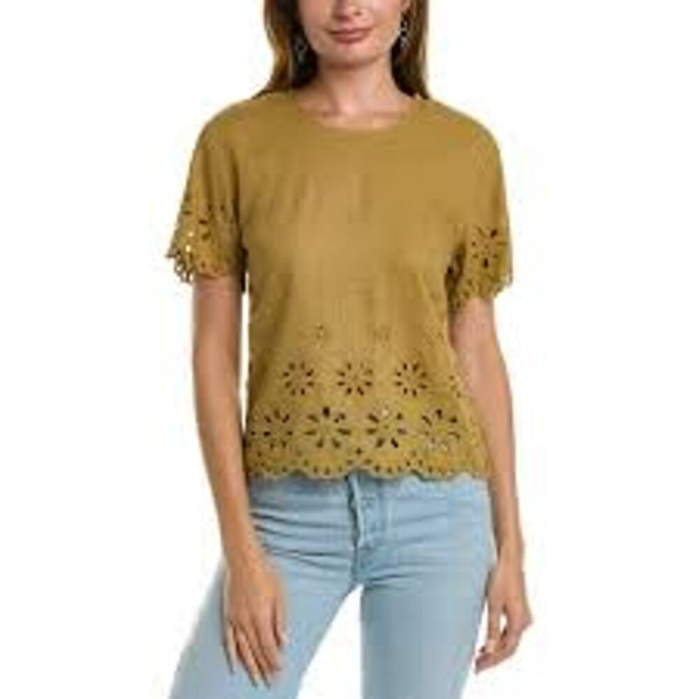 Madewell Womens XL Eyelet Top Blouse Olive Green Linen Blend Tie Back Cut Out